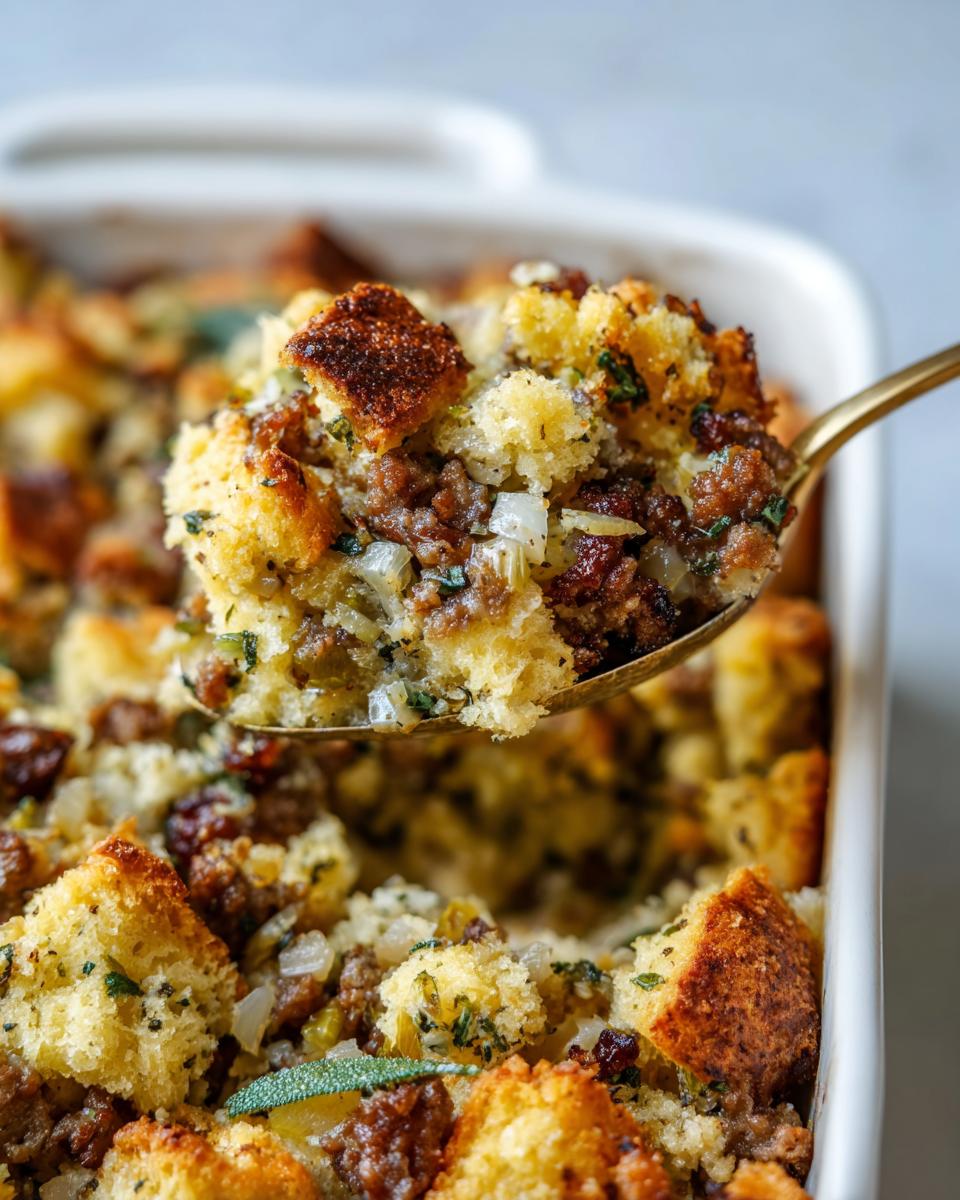 A spoonful of moist sausage stuffing with cornbread cubes and herbs being lifted from a white baking dish.