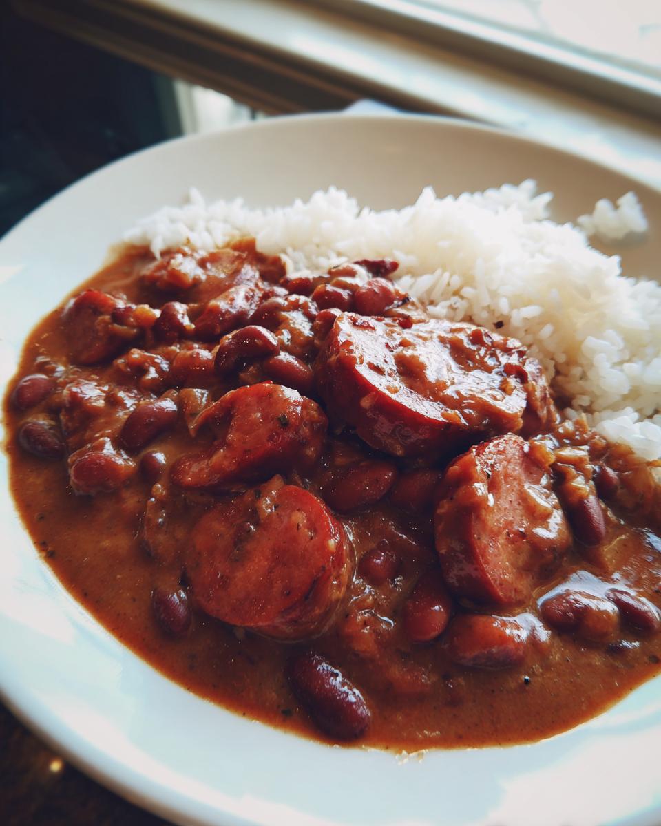 A close-up of savory beans and rice topped with slices of smoked sausage.