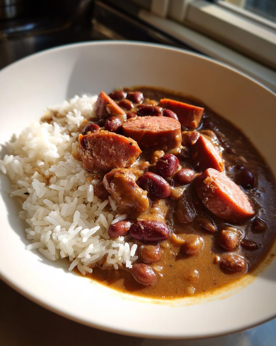 A close-up of a bowl of rich, slow-cooked beans and rice topped with thick slices of smoked sausage.