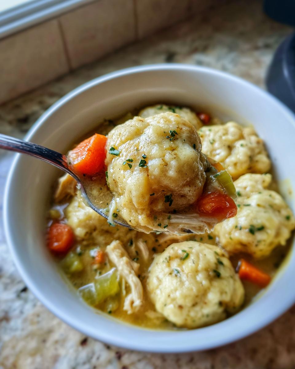 A spoonful of creamy chicken and dumplings, featuring a fluffy dumpling, carrots, and shredded chicken.