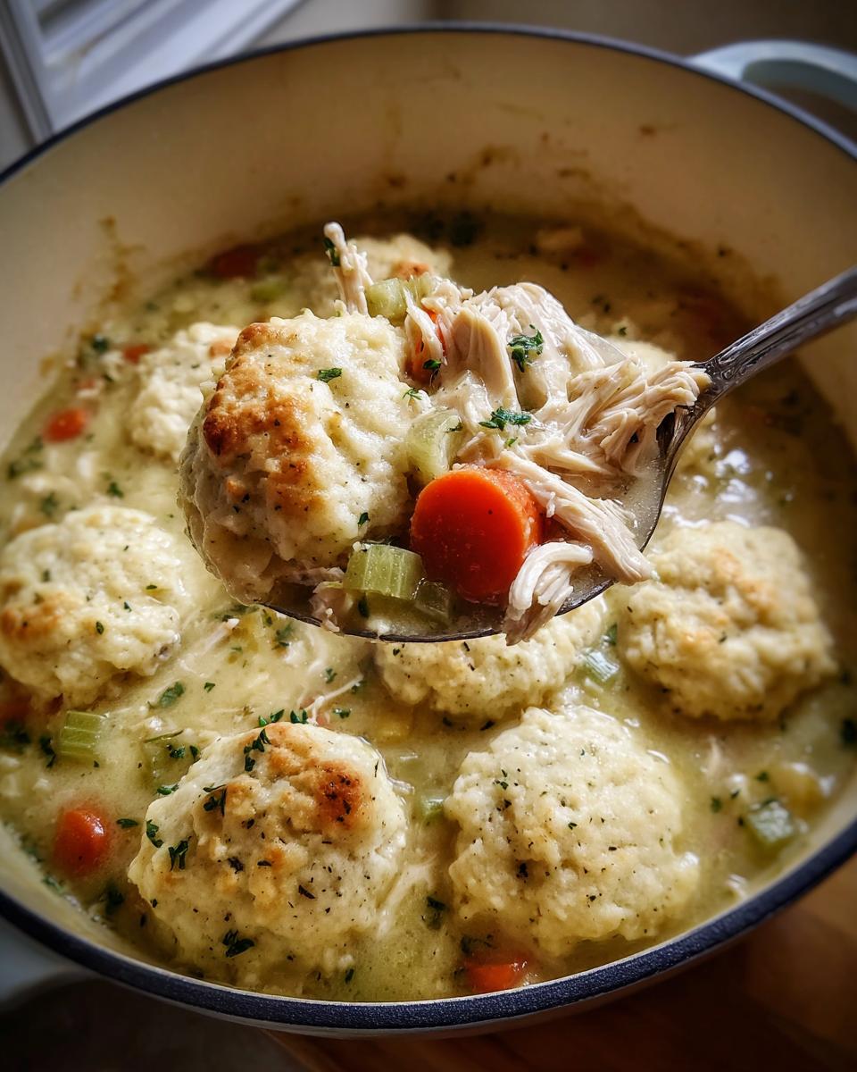 A spoonful of creamy chicken and dumplings, featuring shredded chicken, carrots, and a fluffy dumpling.