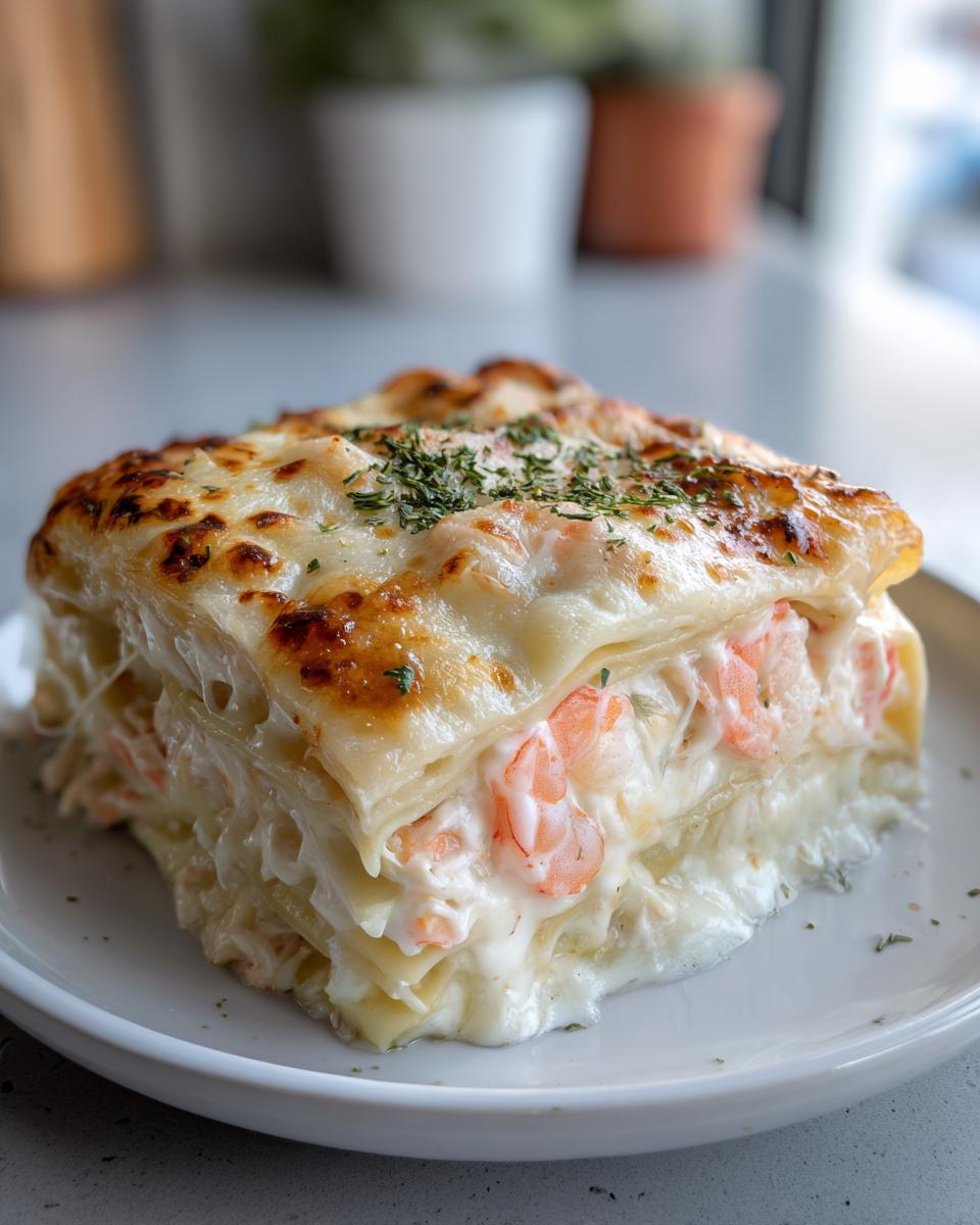 A perfect square slice of creamy seafood lasagna showing layers of pasta, white sauce, and pink shrimp, topped with melted cheese.