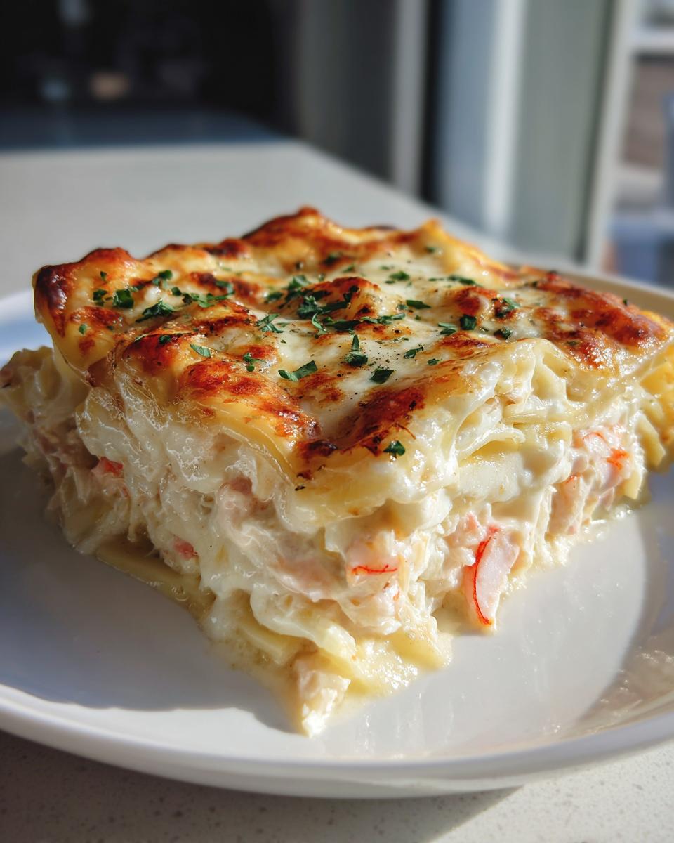 A generous slice of creamy seafood lasagna showing layers of pasta, white sauce, and pink seafood pieces, topped with melted cheese.