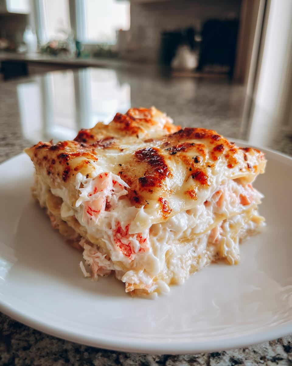 A close-up of a slice of creamy seafood lasagna showing layers of pasta, white sauce, and pink seafood filling.
