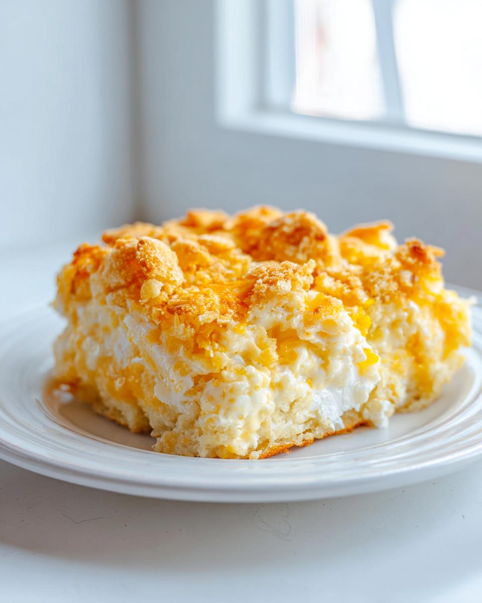 A close-up serving of creamy funeral potatoes recipe with a crunchy, golden topping on a white plate.