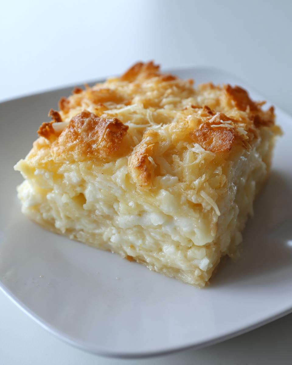 A square serving of creamy funeral potatoes recipe with a golden, cheesy, baked topping.