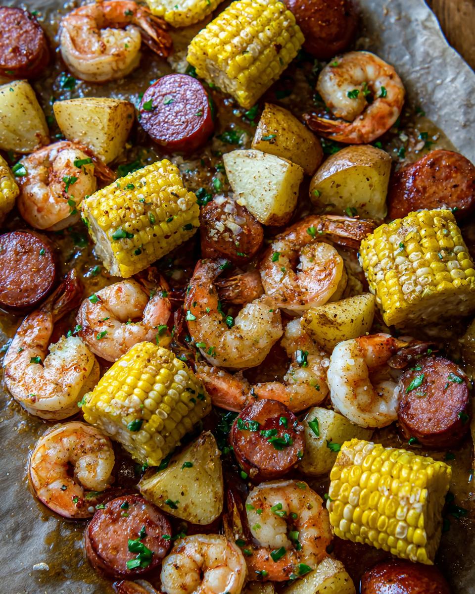Overhead close-up of a delicious sheet pan shrimp boil featuring seasoned shrimp, corn on the cob, potatoes, and sliced sausage.