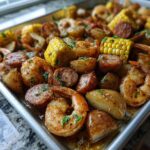 Close-up of a sheet pan shrimp boil featuring seasoned shrimp, sausage rounds, corn on the cob, and potatoes.