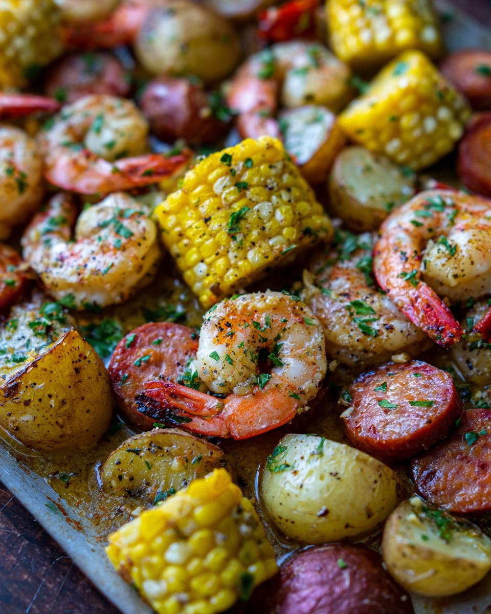 Close-up of seasoned shrimp, corn on the cob, potatoes, and sausage from a sheet pan shrimp boil.