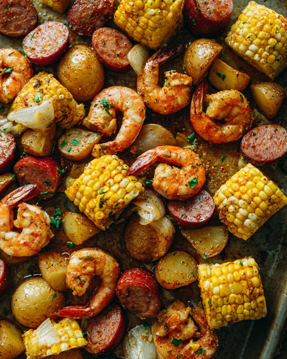 Overhead close-up of a delicious sheet pan shrimp boil featuring seasoned shrimp, corn on the cob, potatoes, and sausage.