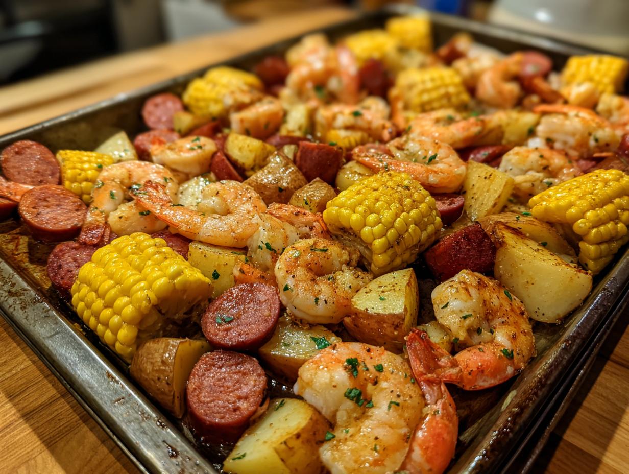 Close-up of a sheet pan shrimp boil featuring seasoned shrimp, corn on the cob pieces, potatoes, and sliced sausage.