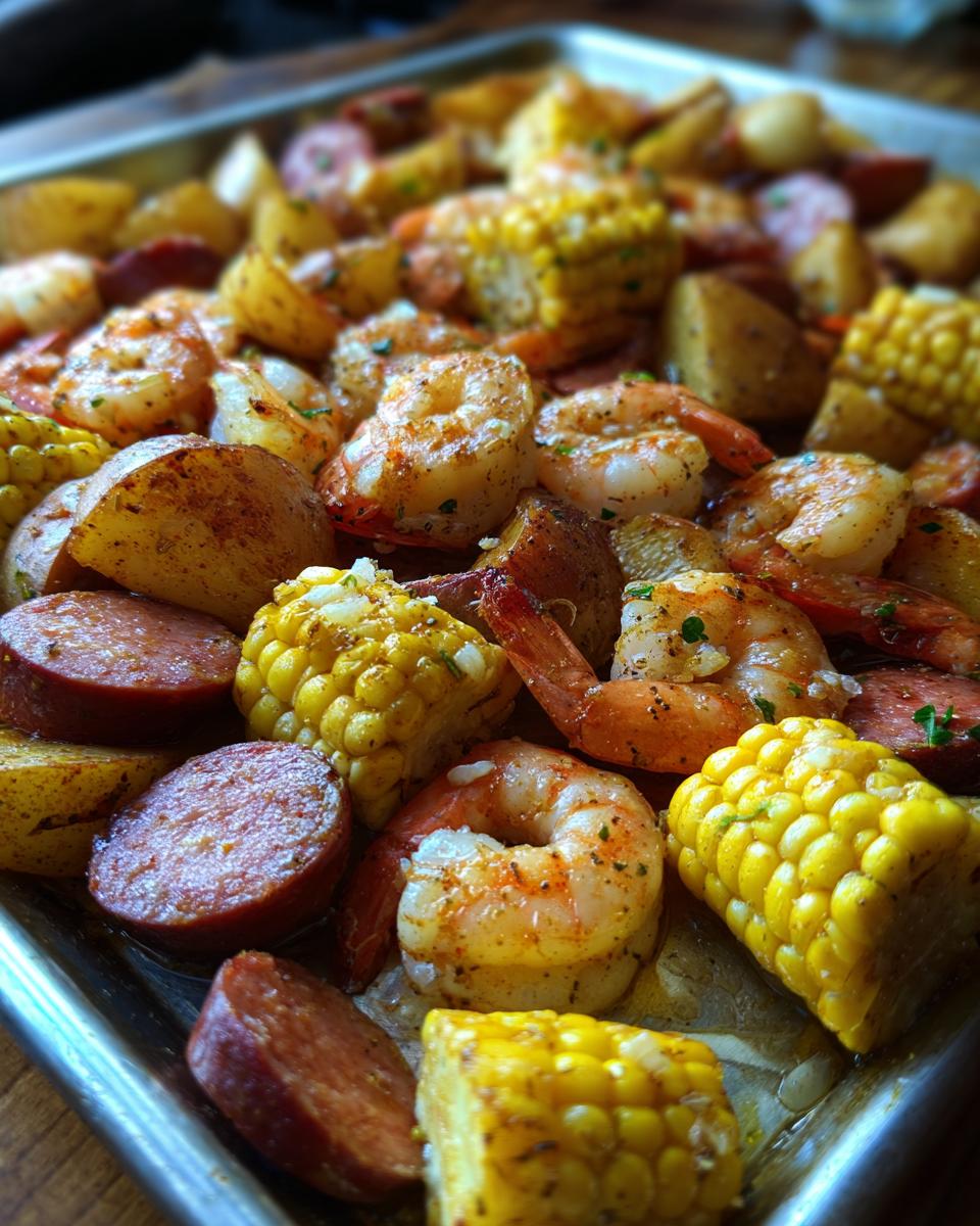 Close-up of a sheet pan shrimp boil featuring seasoned shrimp, smoked sausage slices, corn on the cob, and potatoes.