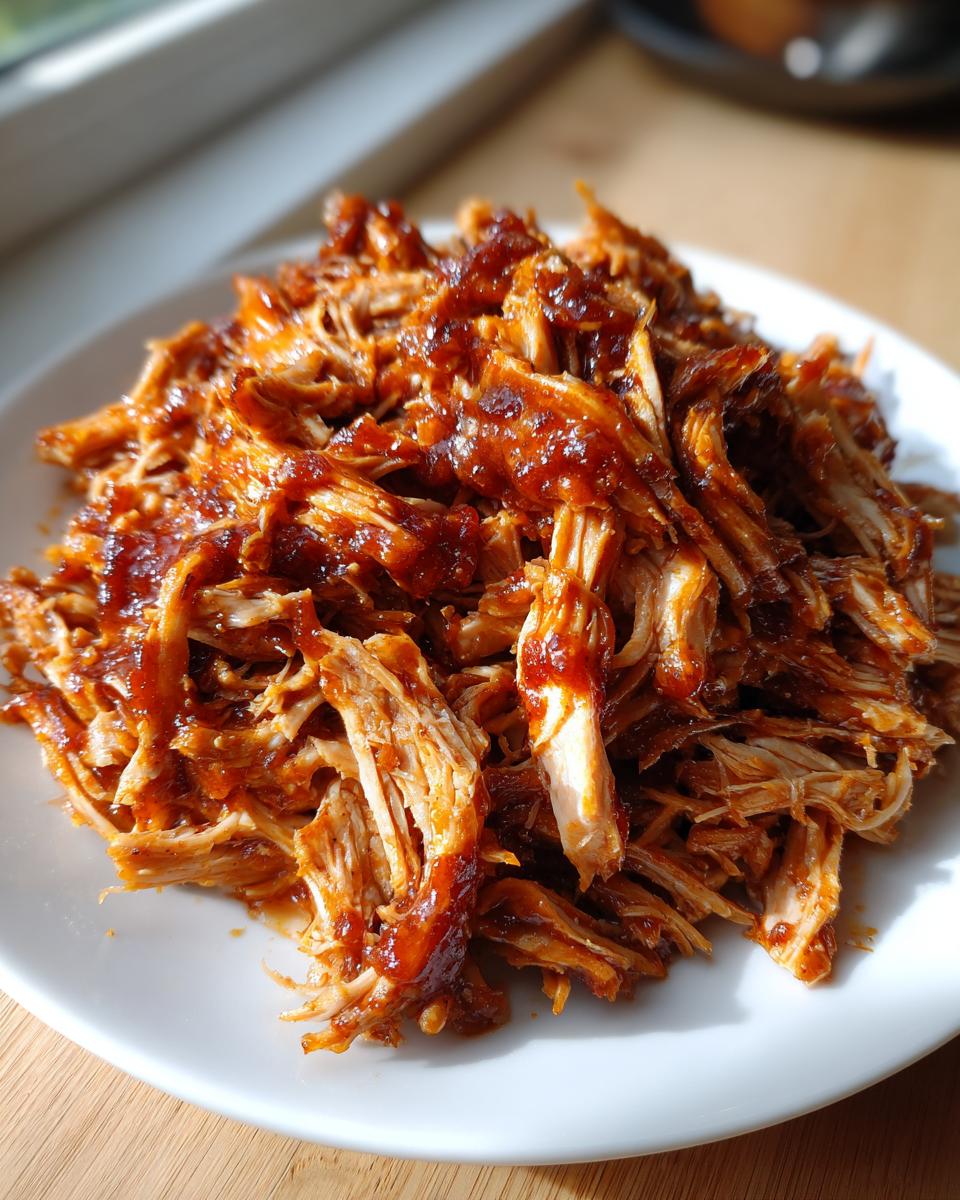 Close-up of shredded bbq chicken coated in rich sauce piled high on a white plate.