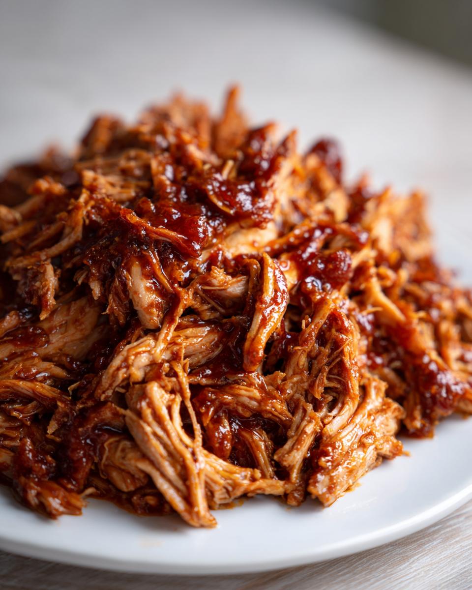 Close-up of shredded bbq chicken tossed in rich, dark barbecue sauce, served on a white plate.