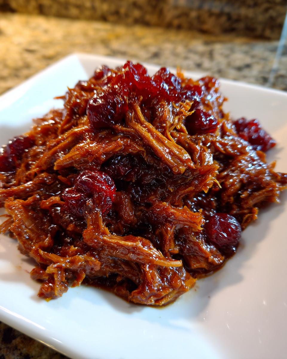 Close-up of shredded cranberry chicken coated in a rich, dark sauce with whole dried cranberries.