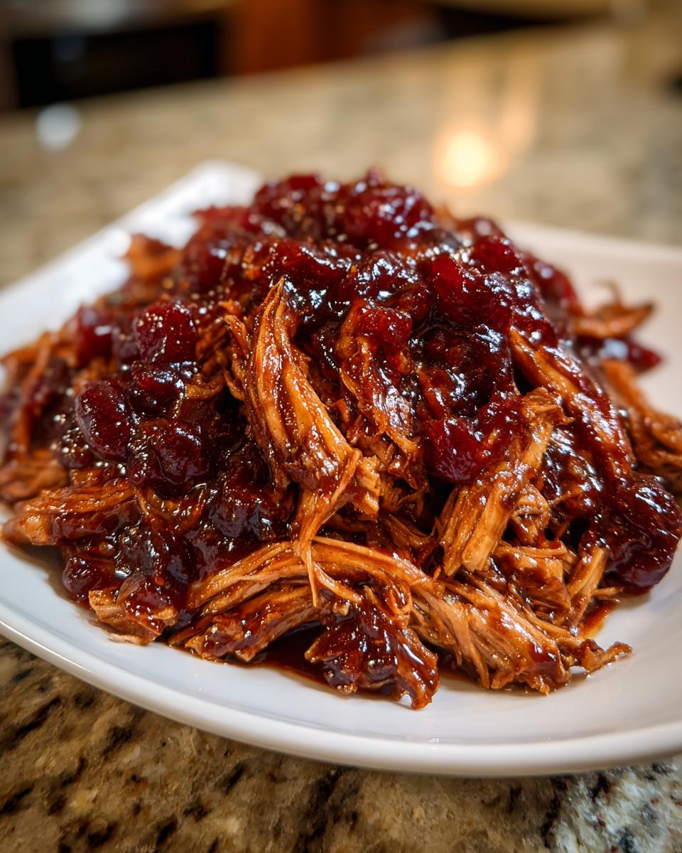 Close-up of shredded cranberry chicken coated in a rich, dark cranberry sauce, served on a white square plate.
