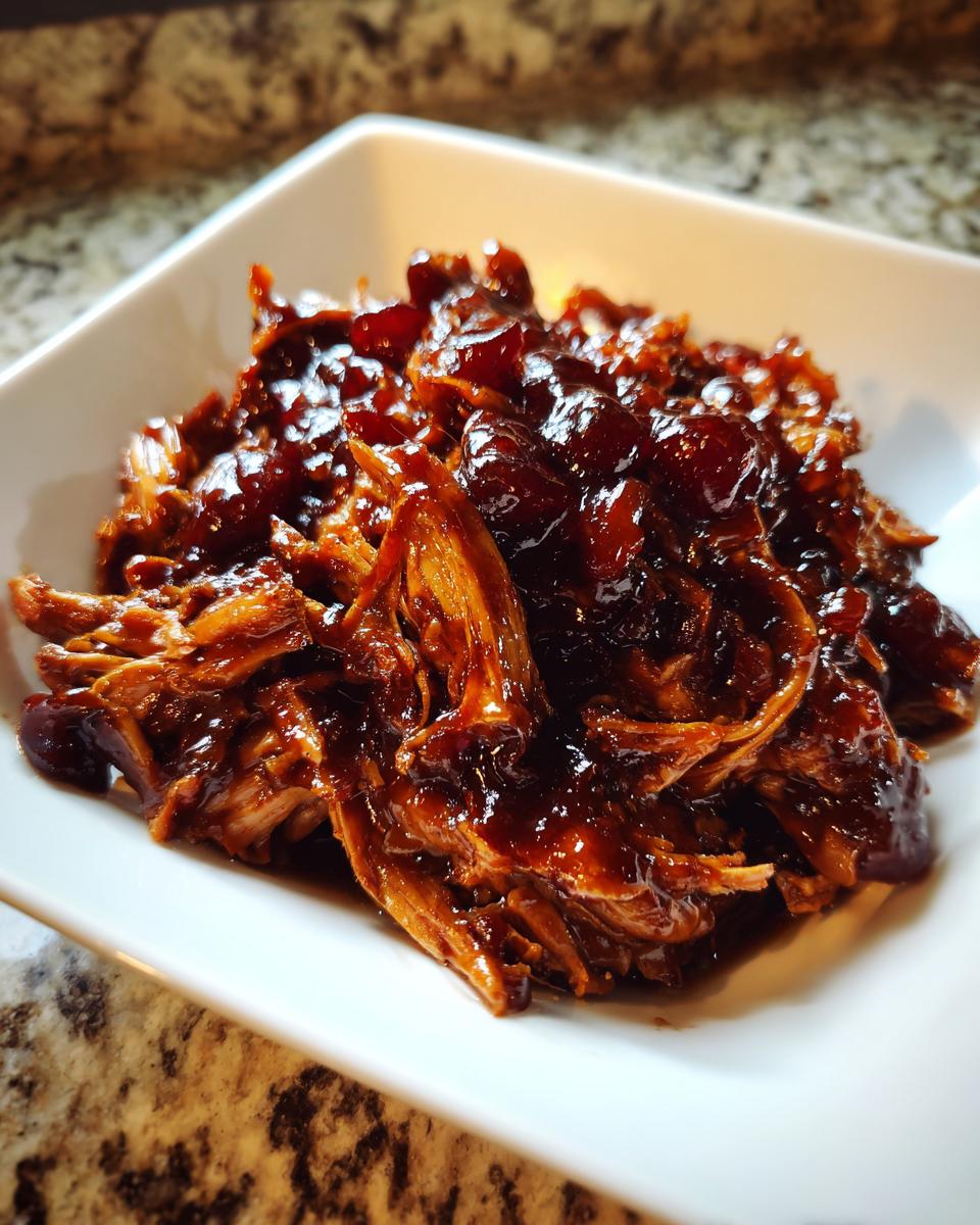Close-up of shredded cranberry chicken coated in a thick, glossy, dark sauce served in a white square bowl.
