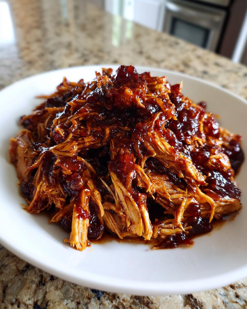 Close-up of shredded cranberry chicken coated in a dark, glossy sauce served on a white plate.