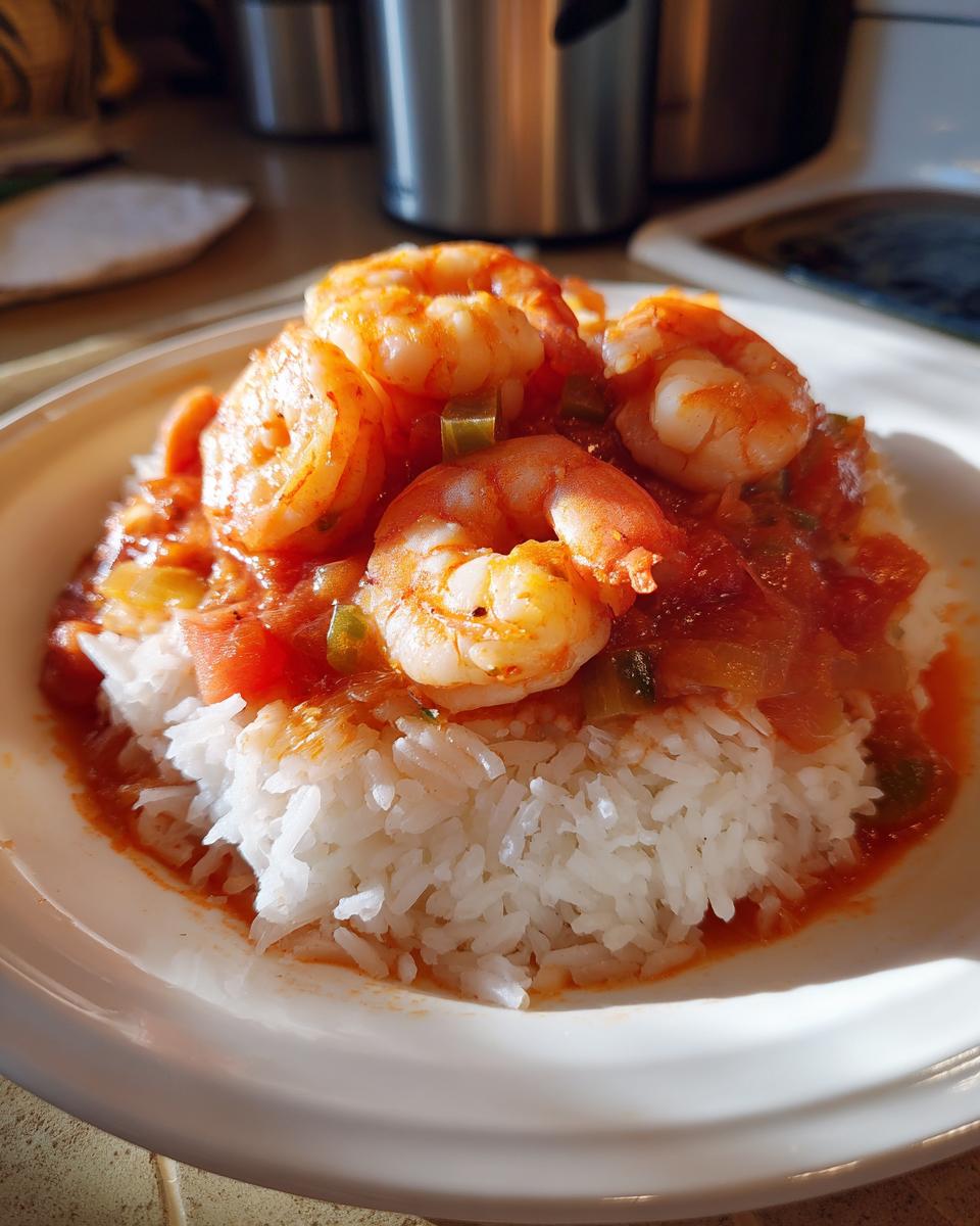 A close-up of flavorful shrimp creole served over a bed of fluffy white rice in a white bowl.