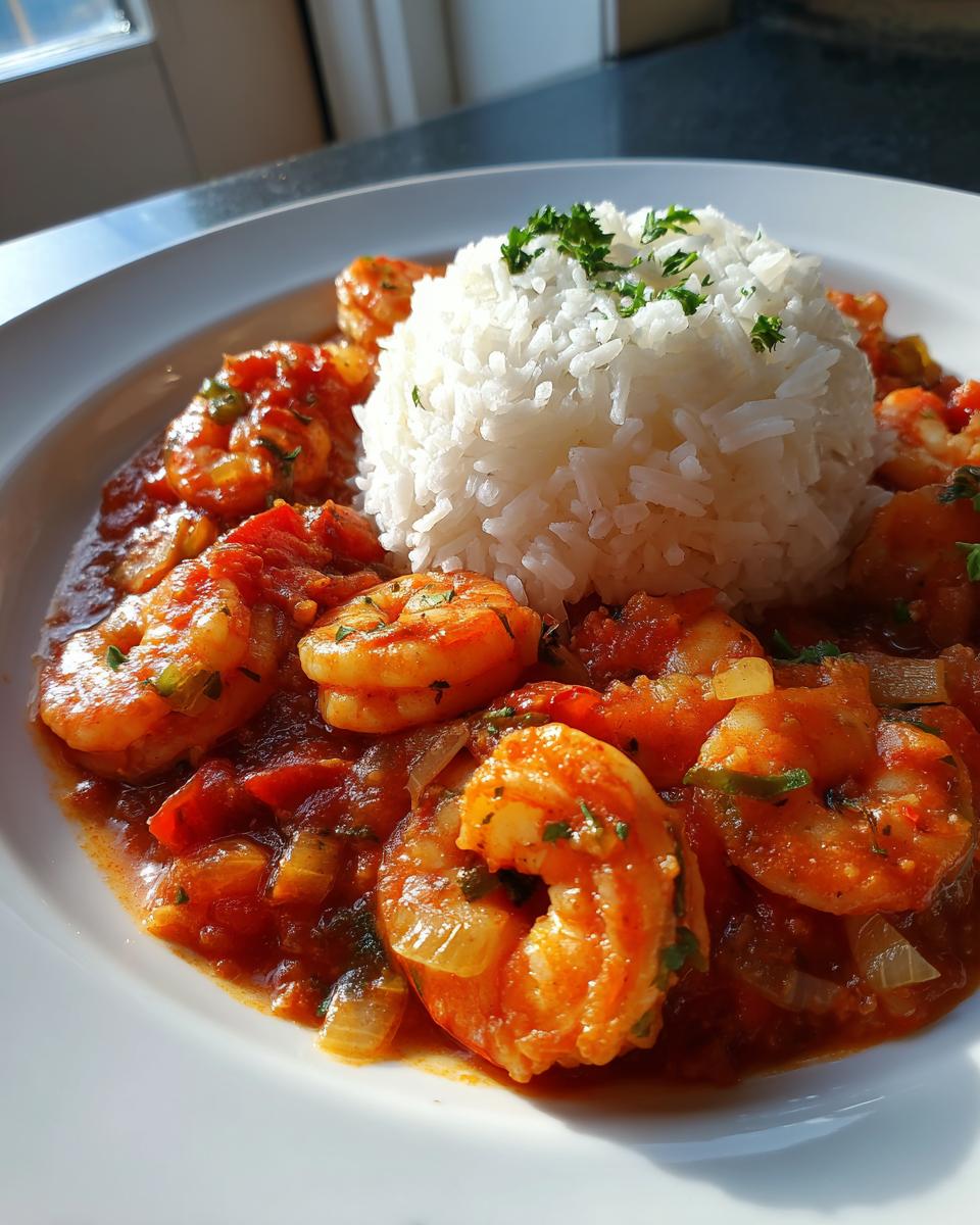 A serving of vibrant shrimp creole in a rich tomato sauce next to a mound of white rice, garnished with parsley.