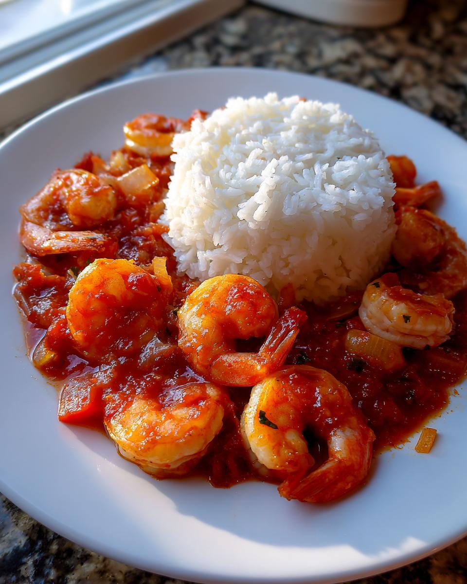 A white plate featuring bright orange shrimp creole served alongside a mound of fluffy white rice.