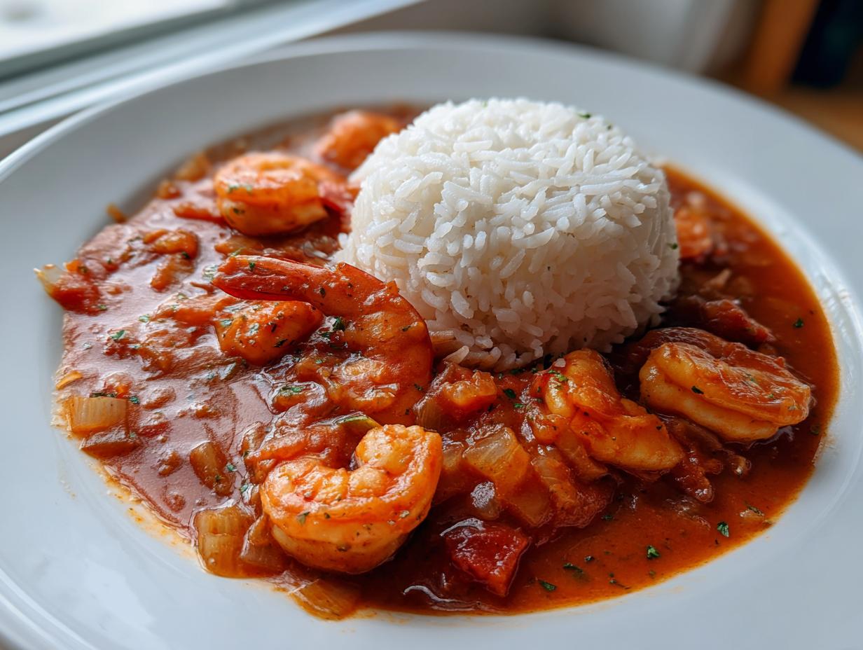 A close-up of a white plate featuring flavorful shrimp creole served alongside a mound of fluffy white rice.