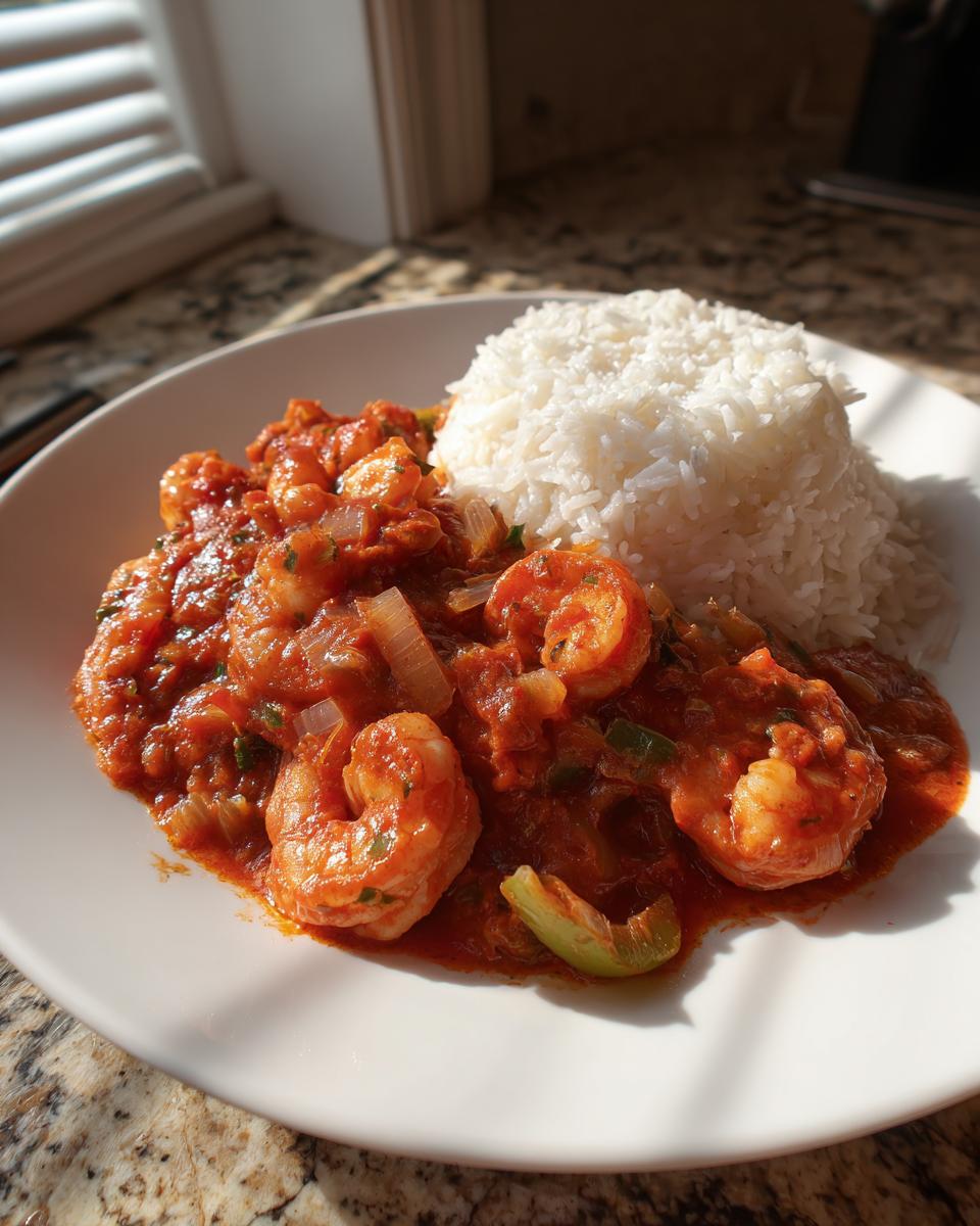 A plate featuring rich, red sauce shrimp creole served alongside a mound of fluffy white rice, beautifully lit by sunlight.