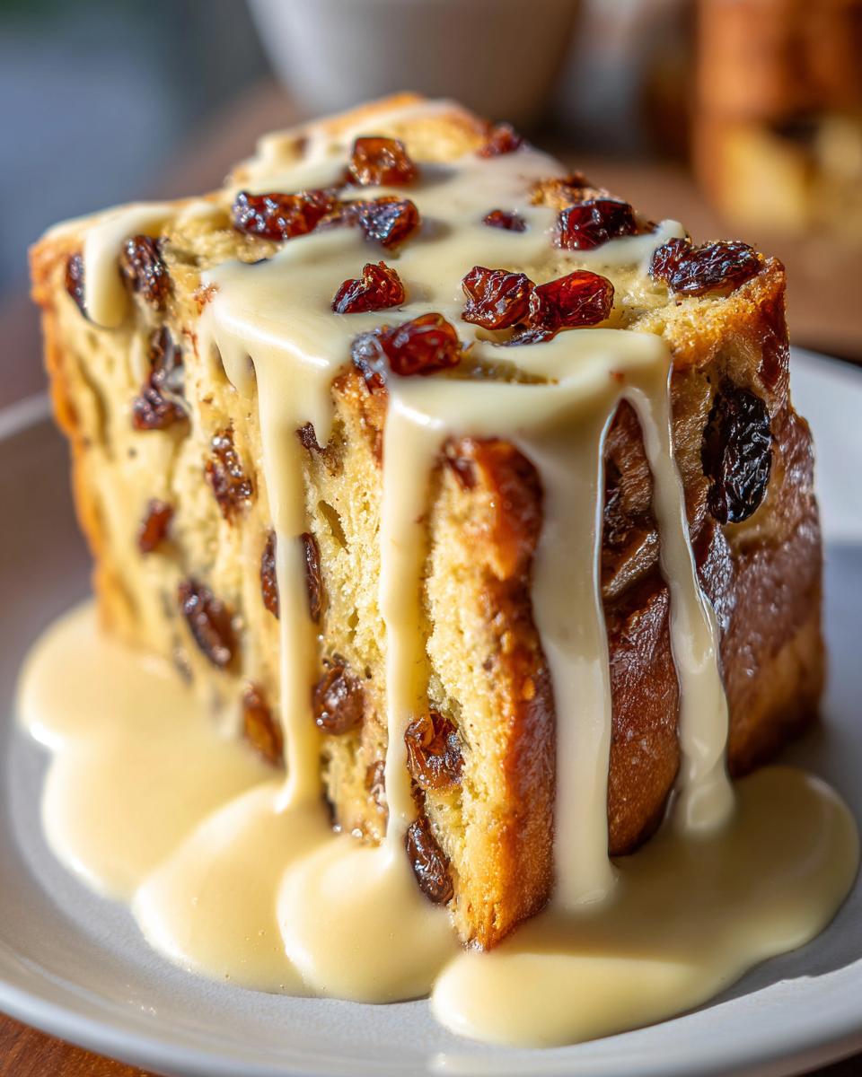 A close-up of a thick slice of raisin bread pudding recipe topped with rich vanilla cream sauce.