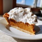 A close-up of a decadent slice of butterscotch pie topped high with fluffy white whipped cream on a white plate.