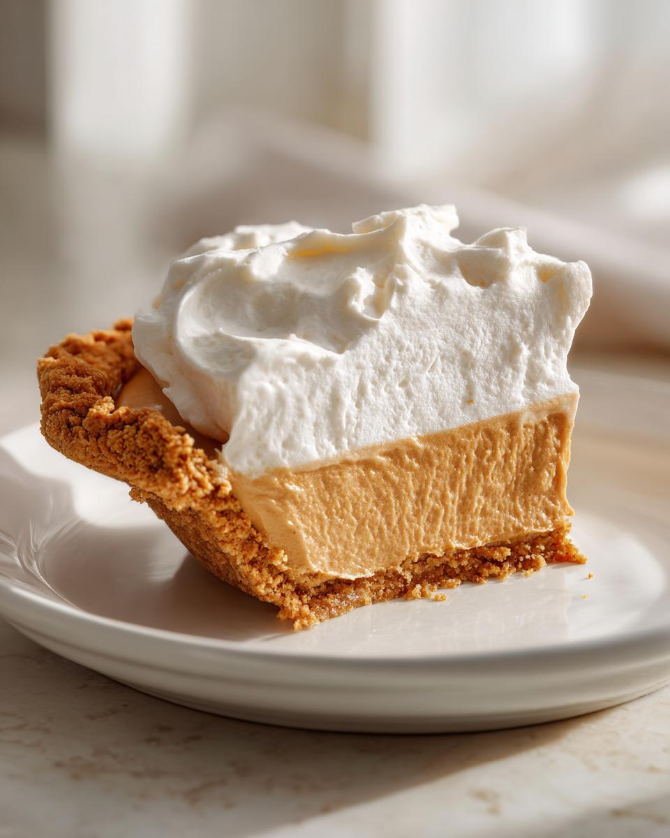 Close-up of a slice of rich butterscotch pie with a graham cracker crust and a tall swirl of whipped cream.