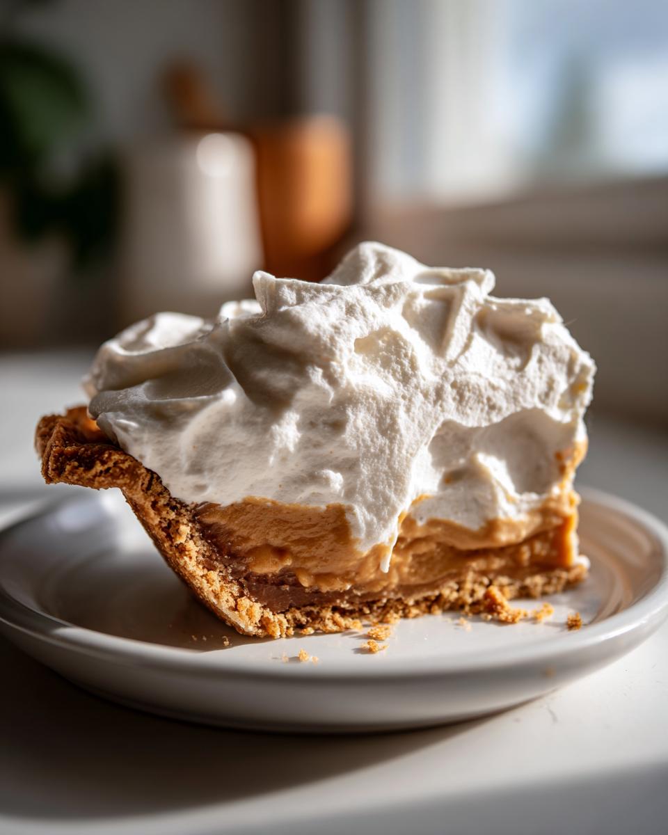 A close-up slice of rich butterscotch pie with a graham cracker crust and a generous topping of fluffy whipped cream.