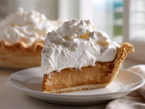A close-up slice of rich butterscotch pie with a thick layer of whipped cream on a white plate.