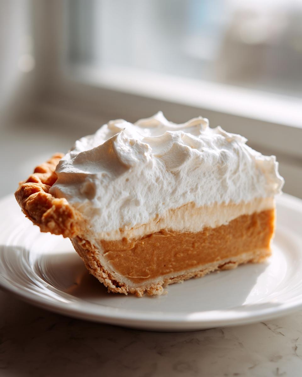 A perfect slice of rich, orange butterscotch pie topped high with fluffy white whipped cream.