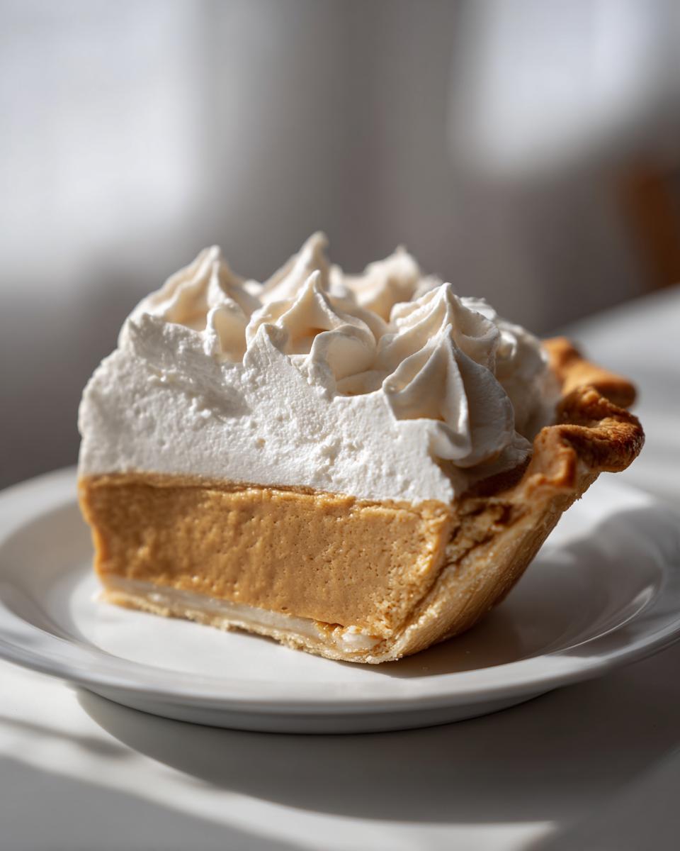 A close-up slice of rich, creamy butterscotch pie topped high with piped whipped cream on a white plate.