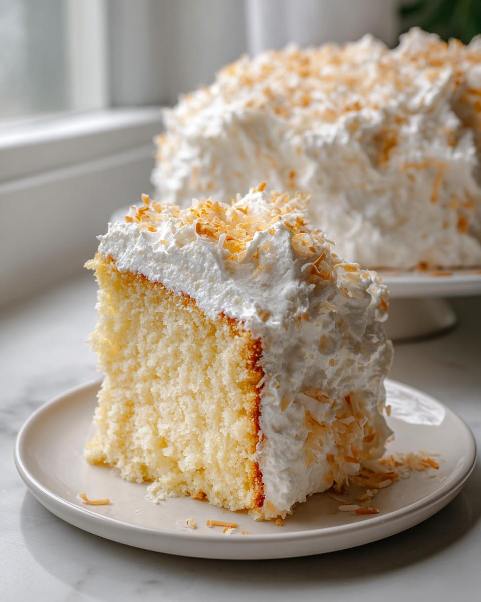 A thick slice of moist coconut poke cake topped with whipped cream and toasted coconut flakes.