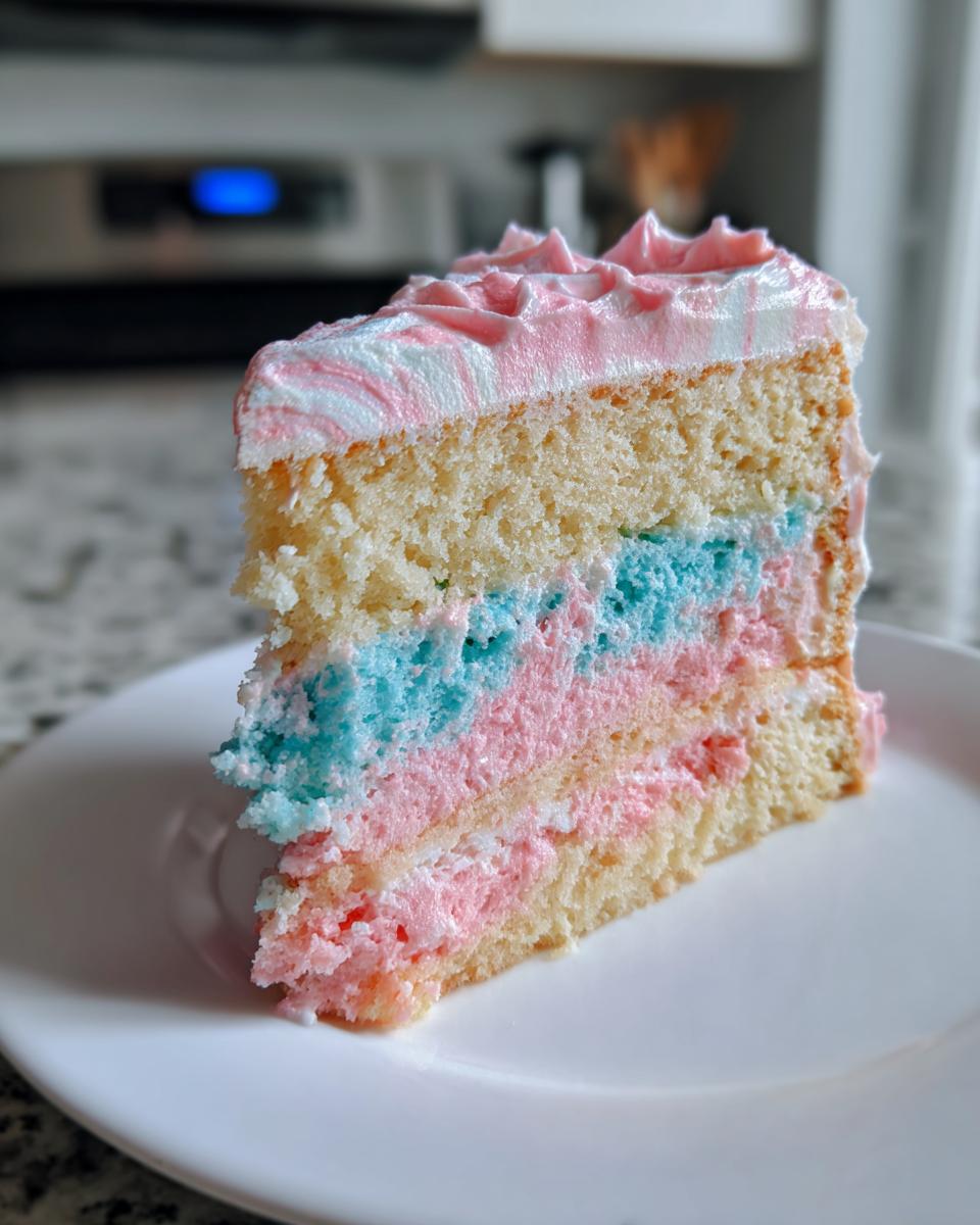 A slice of fluffy cotton candy cake showing yellow cake layers alternating with pink and blue filling on a white plate.