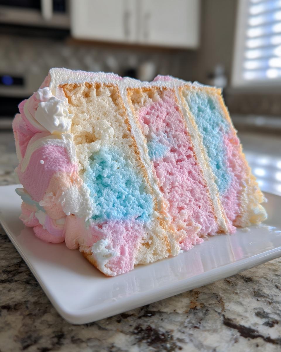 A close-up of a slice of fluffy cotton candy cake showing four distinct pastel layers (pink, blue, white/yellow) with white frosting.