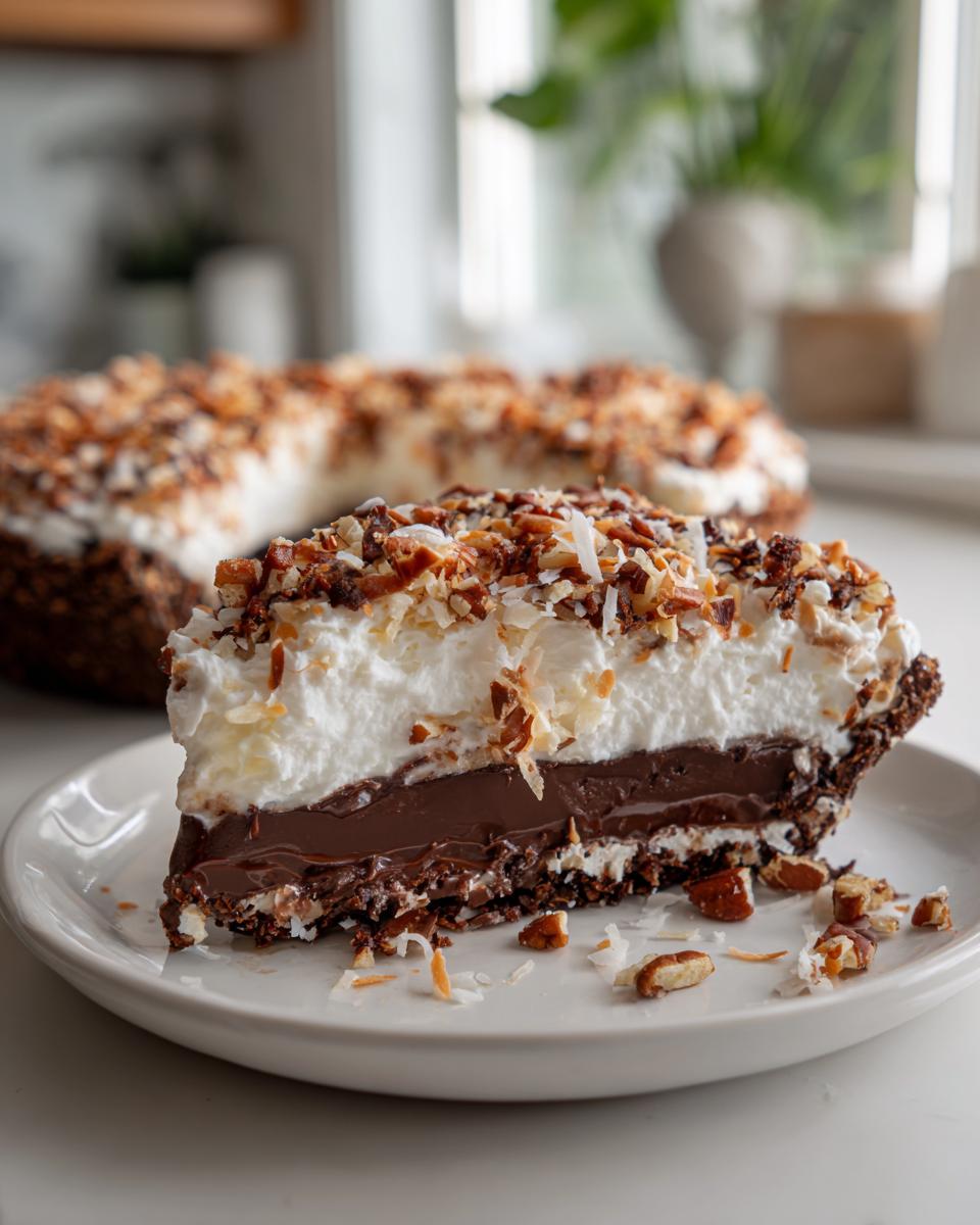 A thick slice of german chocolate pie showing layers of chocolate filling, whipped cream, and toasted coconut pecan topping.