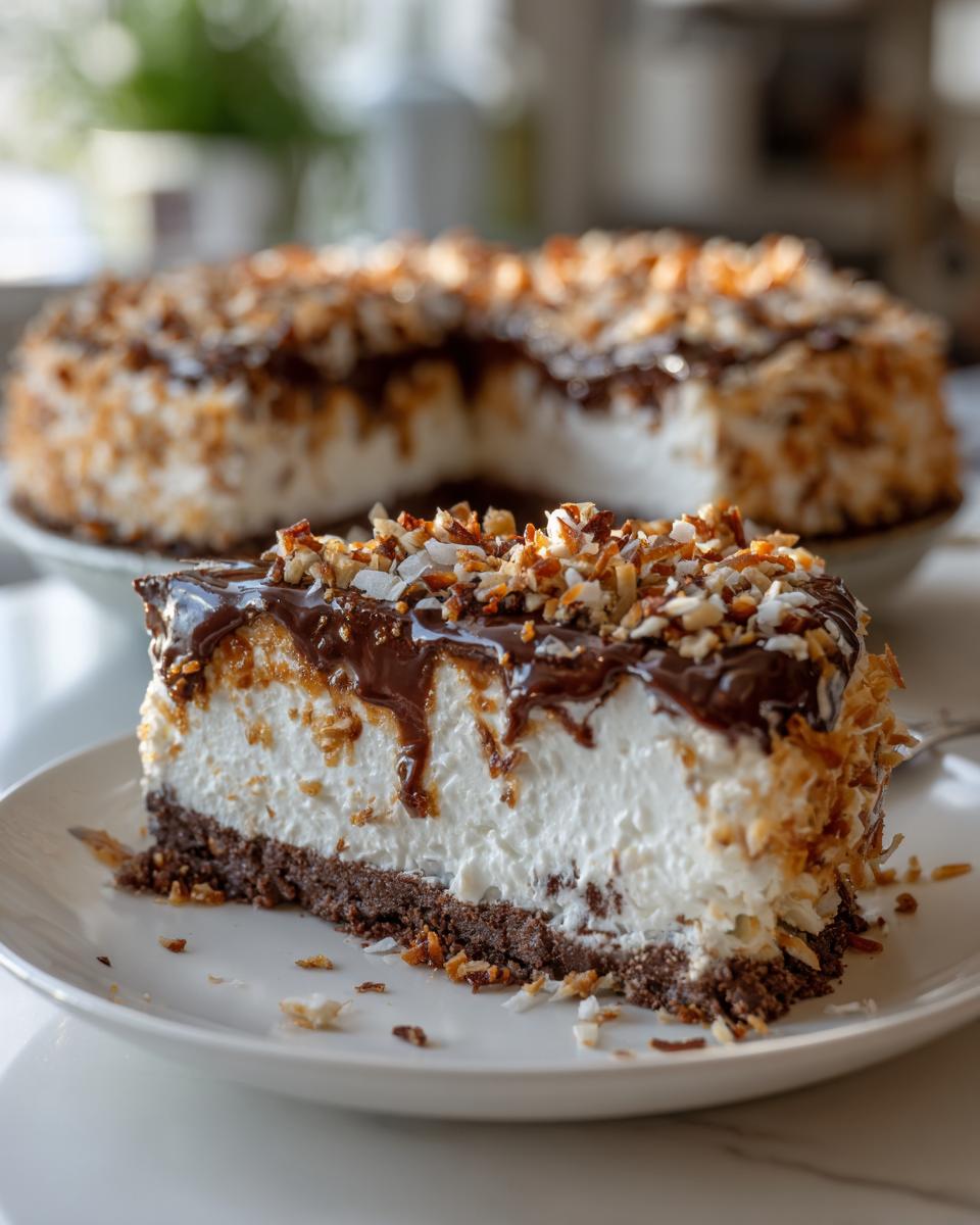 A generous slice of creamy german chocolate pie featuring a dark crust, thick white filling, chocolate drizzle, and toasted coconut pecan topping.