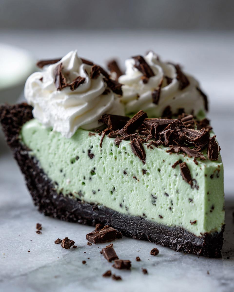 A close-up of a slice of creamy, light green grasshopper pie with chocolate shavings and whipped cream.