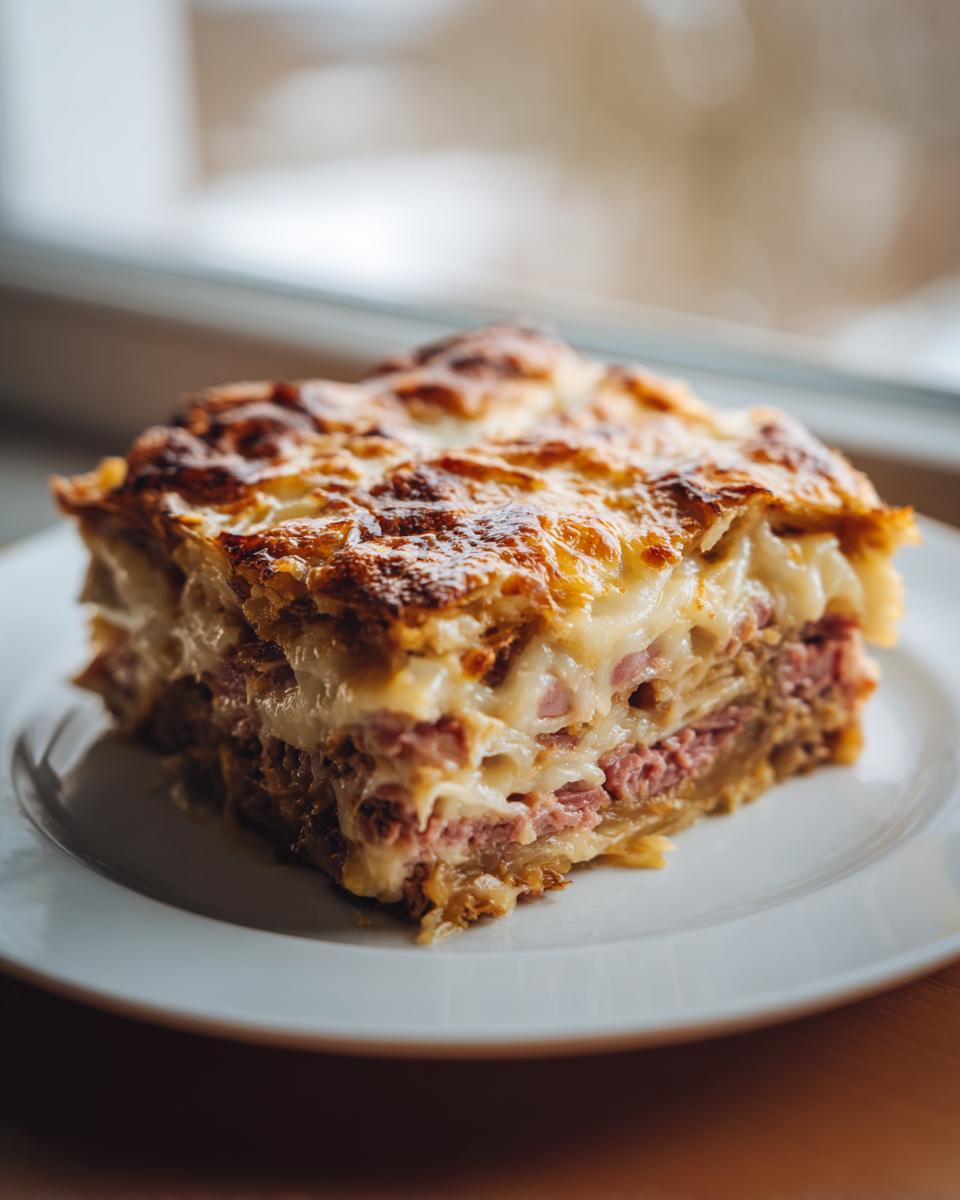 A square slice of homemade reuben bake with layers of corned beef, cheese, and a golden, bubbly top, served on a white plate.