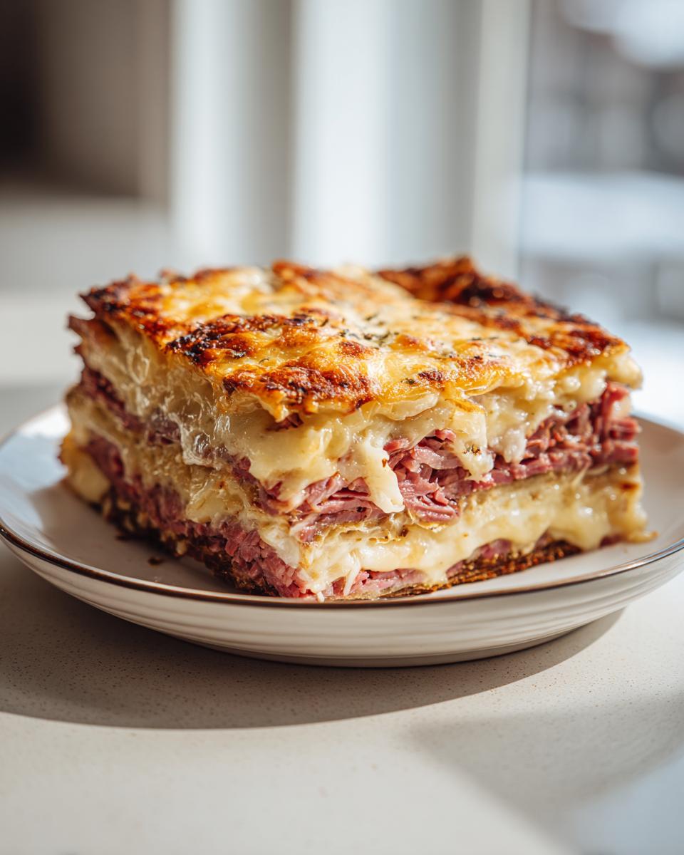 A thick, layered slice of homemade Reuben bake featuring corned beef, melted cheese, and a golden-brown crust.