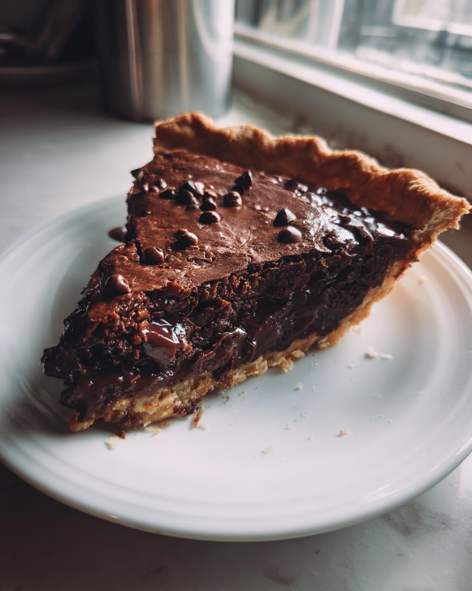A decadent slice of hot fudge pie with a chocolate crust and topped with mini chocolate chips, served on a white plate.