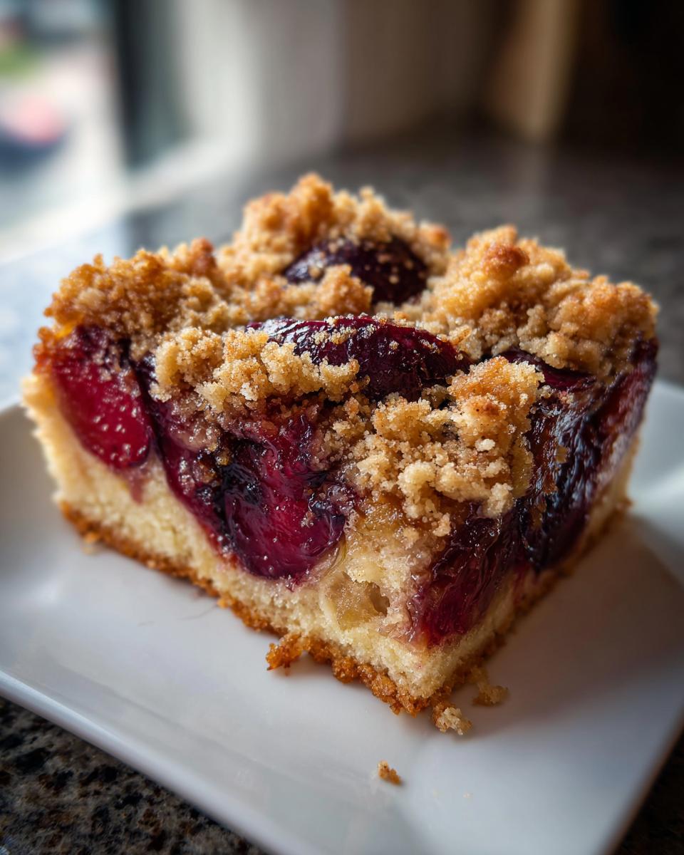 Close-up of a moist slice of plum cake featuring baked purple plums and a golden streusel crumb topping.