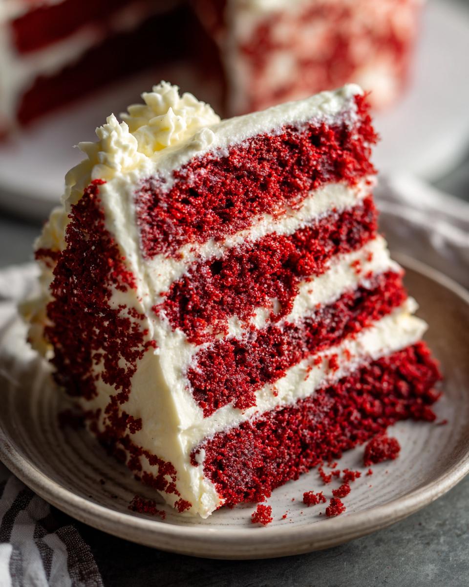 A tall slice of moist red velvet cake layered with thick white cream cheese frosting.