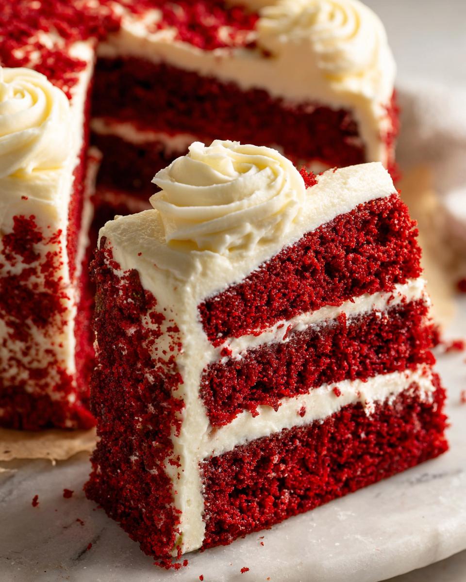 A perfect slice of moist, three-layer red velvet cake with thick cream cheese frosting layers and a rosette on top.