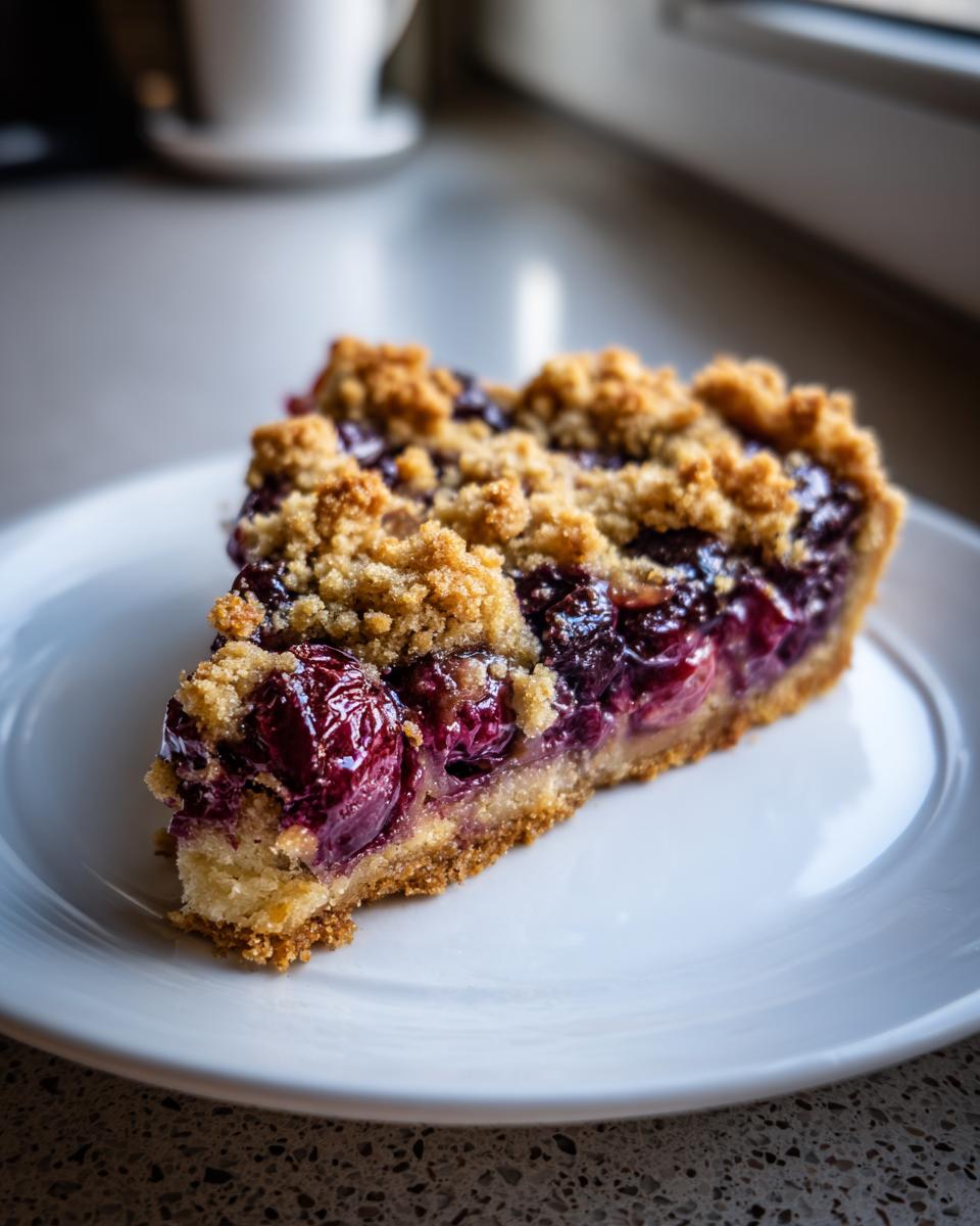 Close-up of a slice of plum cake with a thick, juicy fruit filling and golden crumb topping, served on a white plate.