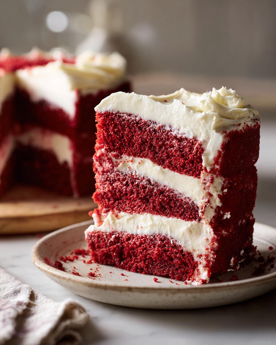 A tall, moist slice of red velvet cake featuring three layers of deep red cake separated by thick layers of white cream cheese frosting.