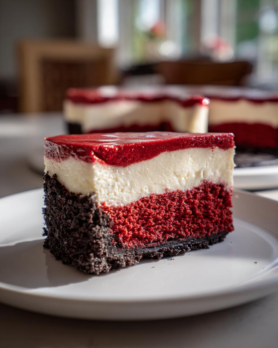 A close-up of a decadent slice of red velvet cheesecake showing four distinct layers: dark crust, bright red velvet, white cream cheese, and shiny red topping.