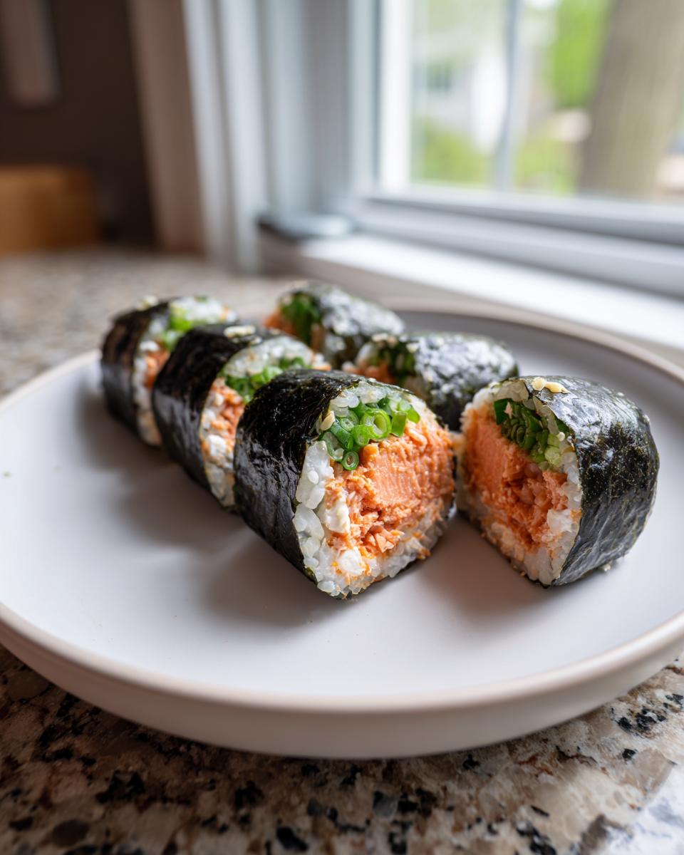 Close-up of several slices of homemade tuna kimbap featuring orange tuna filling and green onions, served on a white plate.